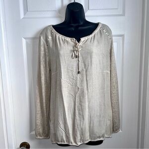 Top Secret Blouse Top Boho Size 40 Medium Women beige long sleeve tie front